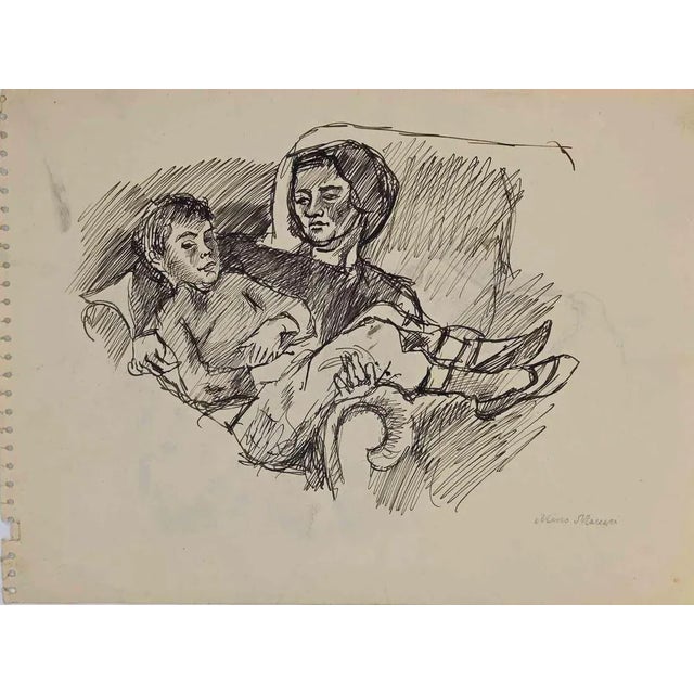 Mother and Child is an original China Ink Drawing realized by Mino Maccari in mid-20th Century. Good condition on a...