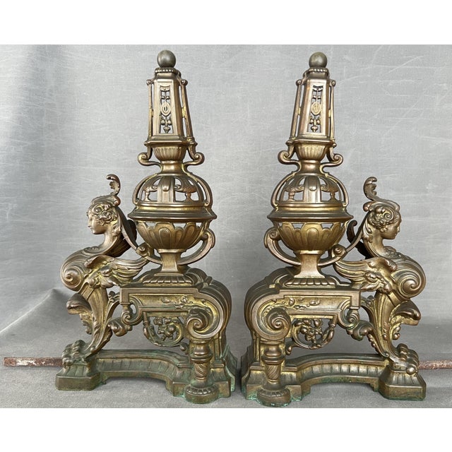 Metal Antique French Andirons, 1860, Set of 2 For Sale - Image 7 of 13