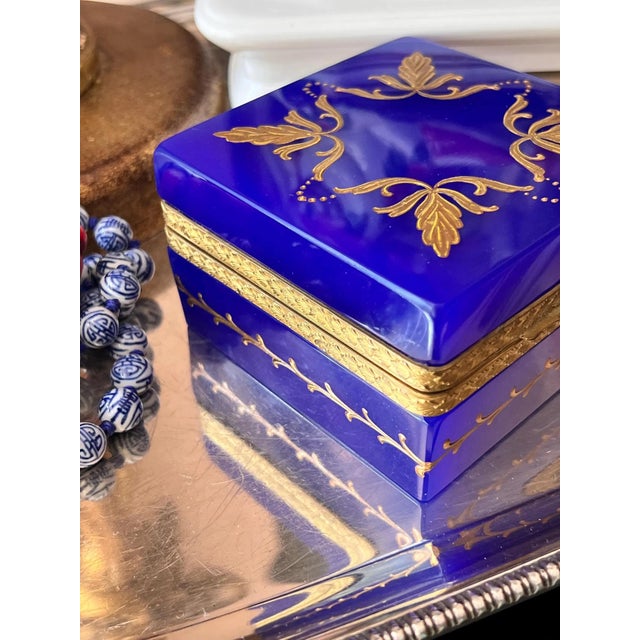1960s Cobalt / Lapiz Italian Opaline Glass Casket With Gold Mounts and Beautiful Enamel Detail For Sale - Image 12 of 12