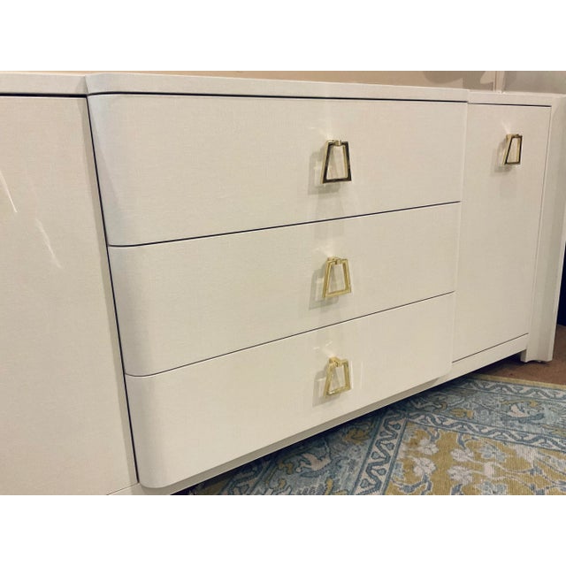 Wood Villa Home Modern Lacquered White Grasscloth Audrey Cabinet For Sale - Image 7 of 8