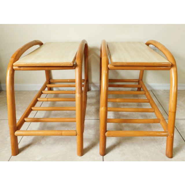 Amazing set of vintage mid century bamboo rattan end tables with formica tops. Circa 1950s. All original. Beautiful pre-...