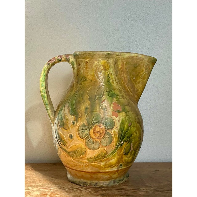 Vintage Boho Glazed Ceramic Floral Pitcher For Sale - Image 4 of 10