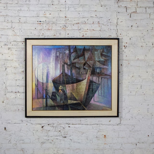 Marvelous vintage Abstract large oil painting or wall art signed by artist S. Khan Boon mounted in a black painted wood...
