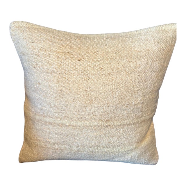 Organic Hemp Pillow, Pure White Ivory Linen-Like Cushion, Handwoven Turkish Anatolian Pillow With Insert, 16x16 In For Sale