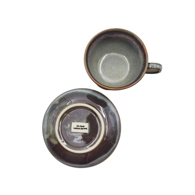 Vietnamese Dual-Glaze Stoneware Ceramic Coffee Cups and Saucers With Spiral Motif - Set of 4 For Sale In New York - Image 6 of 8