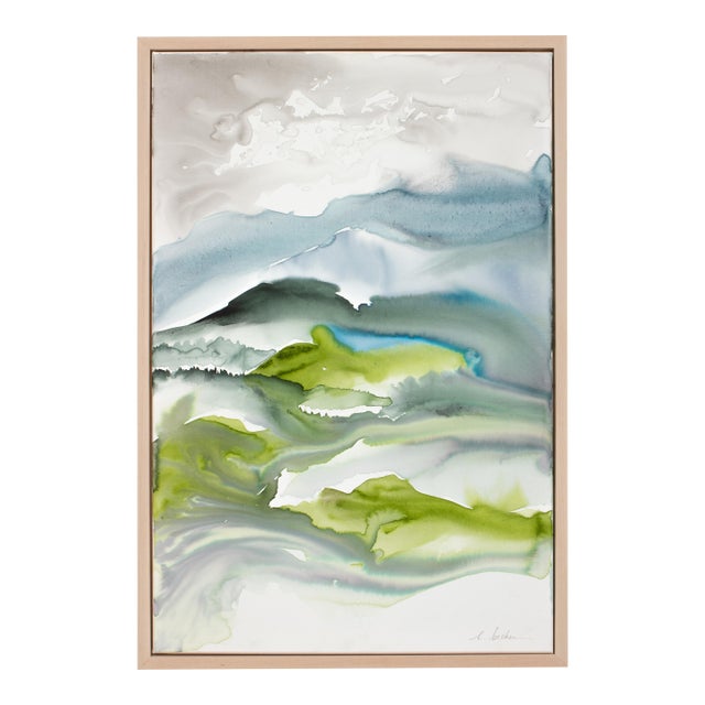 "Mountainscape No. 7" Contemporary Original Abstract Mountain Landscape Watercolor Painting on Canvas With Floater Frame by Elizabeth Becker For Sale