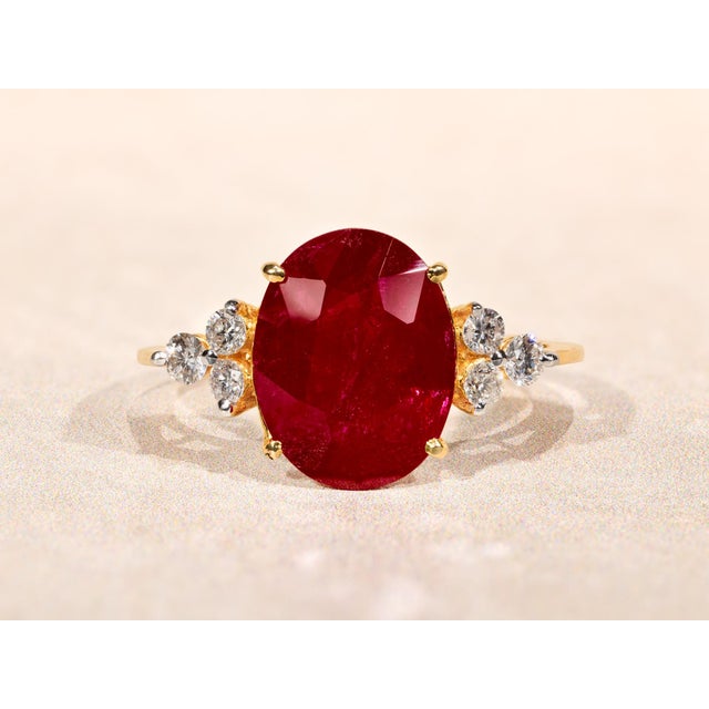 The Allyns Alley: Ladies 18K Yellow Gold Ring set with 3.44 CT Oval Ruby and Diamonds For Sale - Image 9 of 13