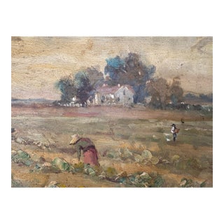 1940s Pastoral Landscape Canvas Art by Ira Deen Original on Board Farm Crow/Raven Oil Folk Painting Drawing Crow For Sale