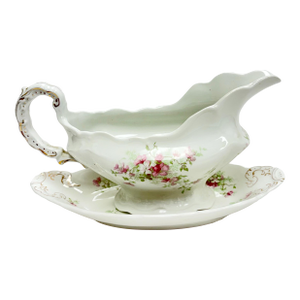 Antique John Maddocks Ironstone Gravy Boat – Pink Floral Gold Trim