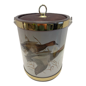 Vintage Attributed to Kraftware Ice Bucket With Ducks in Flight | Mid Century Barware | 1970s Gold Trim Wildlife Ice Bucket