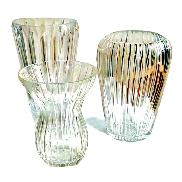 Vintage Ribbed and Ridged Clear Formed Glass and Cut Crystal Vases