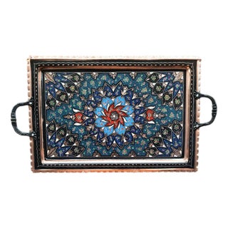 Hand Made Boho Floral Design Engraved Service Tray with Handles For Sale