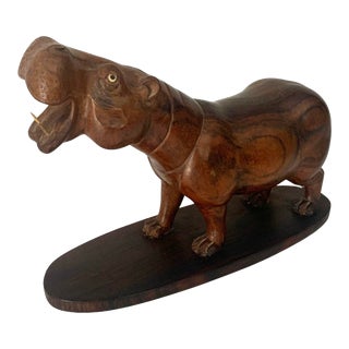 Vintage Hippo Sculpture in Wood For Sale