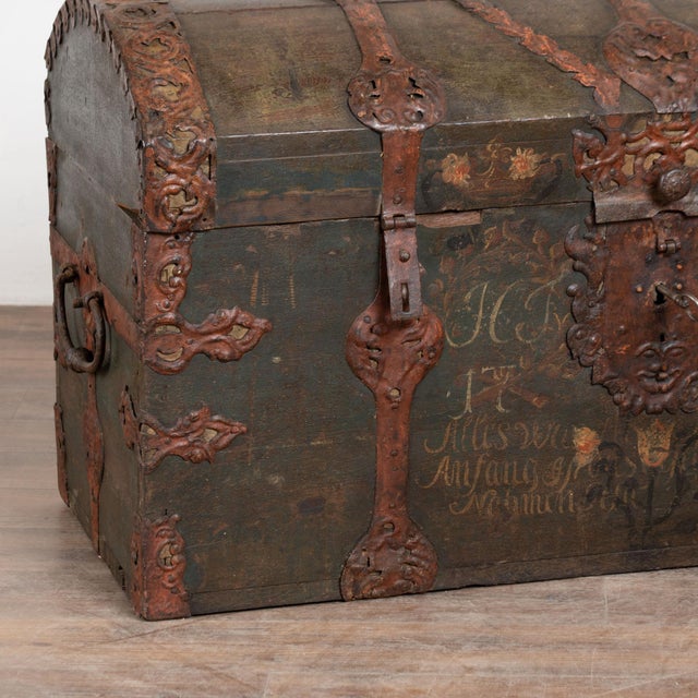 Large Swedish Oak Trunk With Original Green Painted Finish, Dated 1785 For Sale - Image 11 of 18