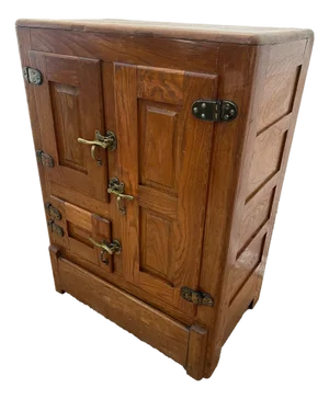 Antique Ice Box Three Storage Cabinets, Oak, Brass Latches, Three Racks, 1920's