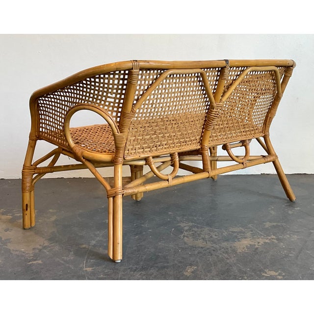 Wood Vintage Woven Rattan Settee For Sale - Image 7 of 12