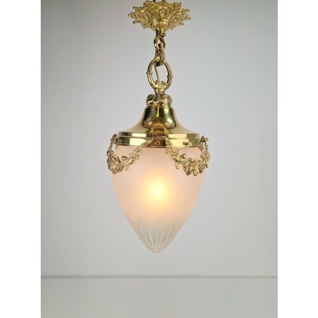 1960s Vintage French Brass Ceiling Lamp with Sanded Glass Shade, 1950s For Sale - Image 5 of 13
