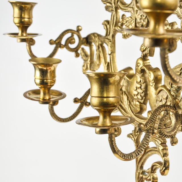 Vintage Solid Brass Ornate 5-Arm Wall Sconce Pair With Ribbon and Love Bird Motif For Sale - Image 12 of 15