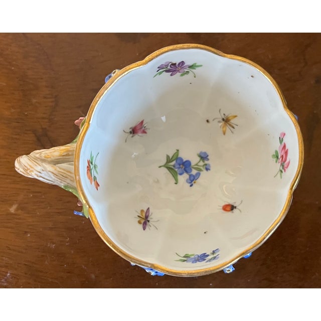 Antique Meissen Porcelain Tea Cup and Saucer With Applied Flowers and Hand Painted Insects For Sale - Image 9 of 12