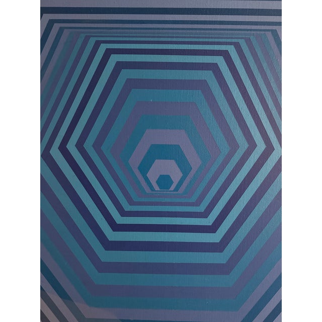 1970s Large Vintage Blue Op Art Painting by Arnold Goldberg For Sale - Image 5 of 13