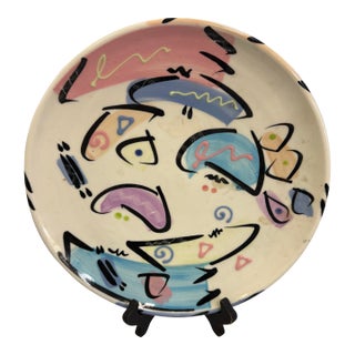 1980s Debra Klausner Postmodern Art Pottery Platter Handmade Hand Painted 14in For Sale
