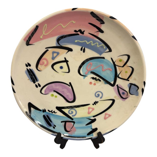1980s Debra Klausner Postmodern Art Pottery Platter Handmade Hand Painted 14in For Sale