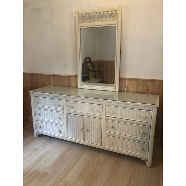 1970s Mid Century Henry Link Wicker Dresser and Mirror 2 Pieces