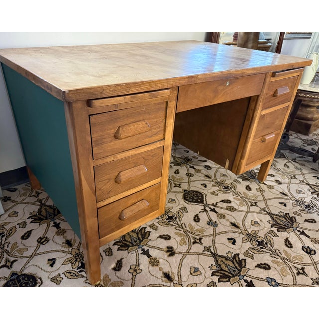 Vintage Solid Oak Pedestal Desk With Drawers For Sale In New York - Image 6 of 11