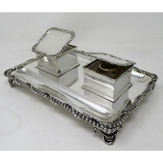 Antique Art Deco English Sterling Silver Ink Desk Inkstand Desk Set London 1910 For Sale - Image 6 of 12
