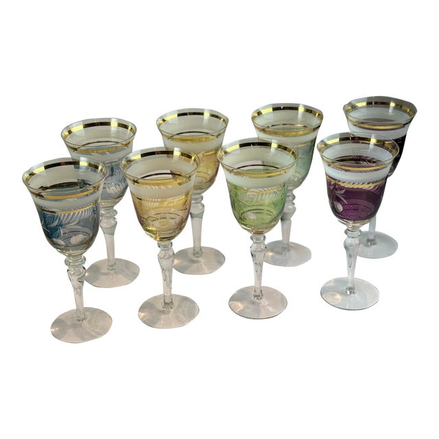 Mid-Century Colored Cut Glass Wine Goblets With Cherry and Leaf Motifs - 4 Different Colors - Set of 8 For Sale