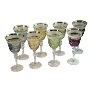 Mid-Century Colored Cut Glass Wine Goblets With Cherry and Leaf Motifs - 4 Different Colors - Set of 8