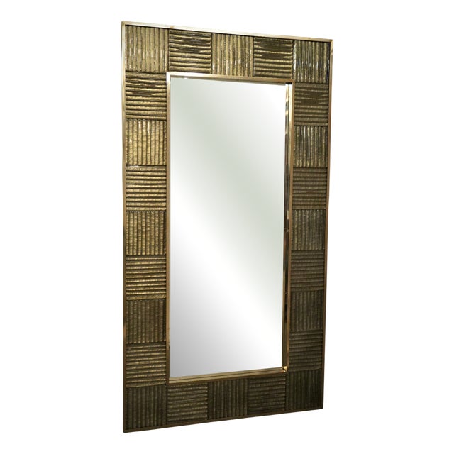 Mid-Century Italian Murano Gold Art Glass and Brass Console Wall Mirror For Sale