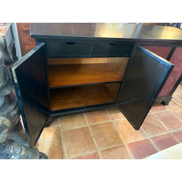 1950s 1950s Rare Large Asian Black Lacquer & Cinnabar Four Door Server, Console 70 Inch Long For Sale - Image 5 of 9