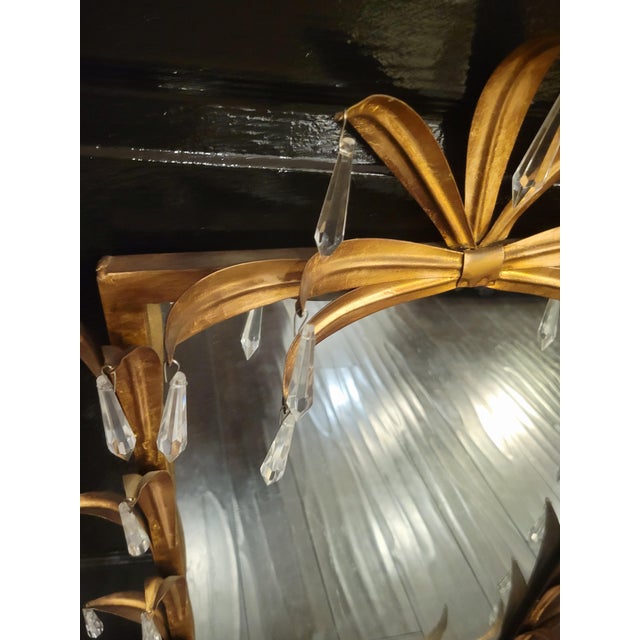 Metal Vintage Hollywood Regency Hans Kogl Style Gold Gilt Metal Palm Frond Crystal Wall Mirror For Sale - Image 7 of 9