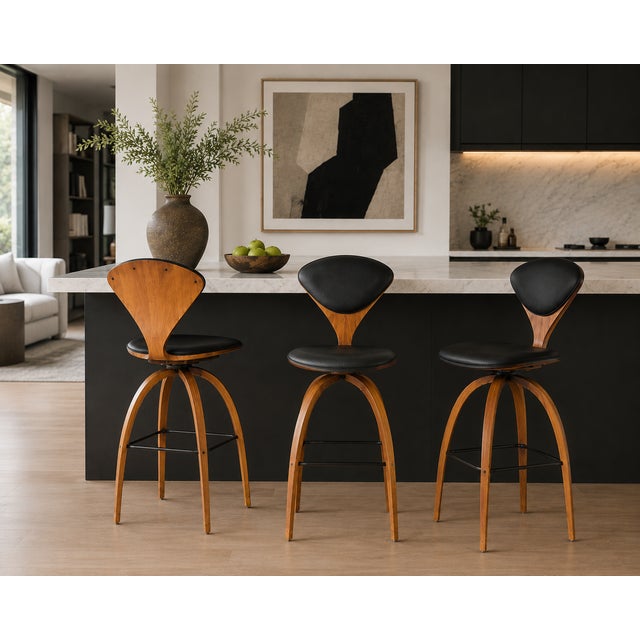 Norman Cherner for Plycraft -Set of 3 Molded Plywood Swivel Bar Stools, 1960s Mid-Century Modern Dimensions Each stool...