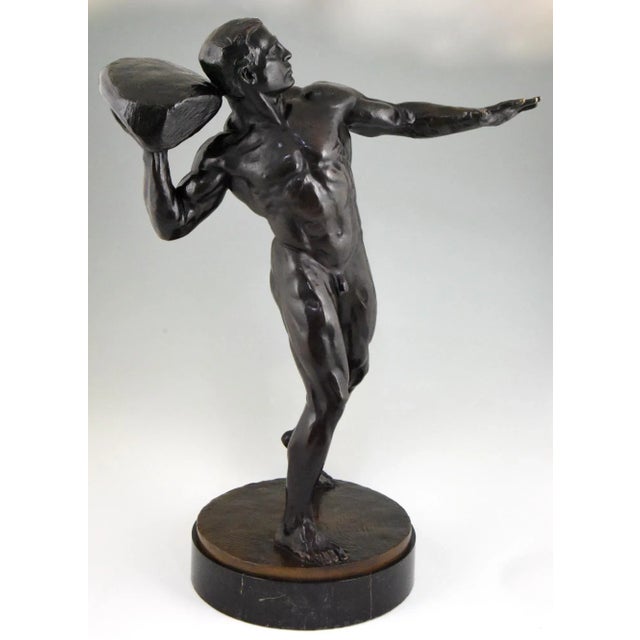 Brown Antique Bronze Sculpture of Male Nude with Stone by Hugo Siegwart For Sale - Image 8 of 12