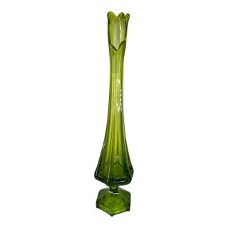 Vintage Mid-Century Viking Glass Green Streched Vase With Sticker For Sale