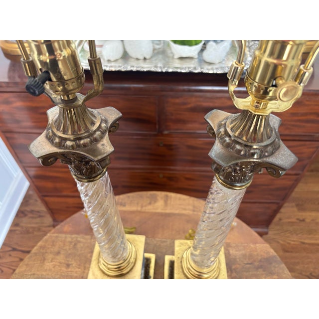 Neoclassical Mid 19th Century Sky Blue Bisque Cherub Jasperware and Cut Glass Neoclassical Column Lamps With Brass Fittings, Attributed to Wedgwood - Set of 2 For Sale - Image 3 of 12