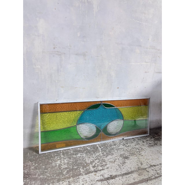 Glass Vintage Geometric Stained Leaded Glass Window Panel For Sale - Image 7 of 10