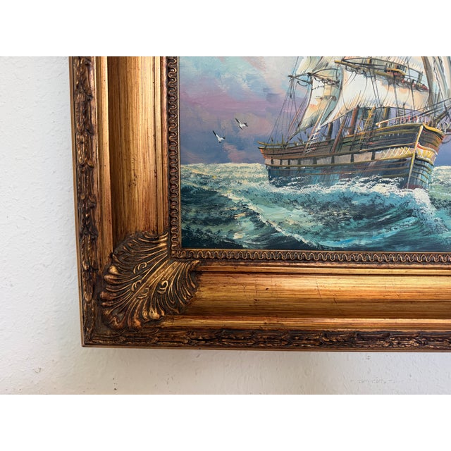 Signed Original Oil Painting on Canvas Seascape Gold Frame Maritime Nautical Art For Sale - Image 10 of 12