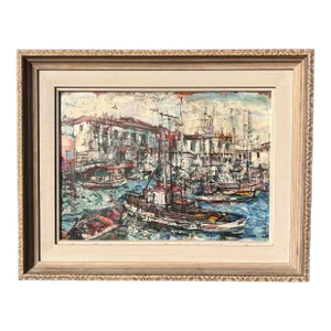 Pascal Cucaro, 1915-2004, Abstract Mid-Century Artist. Fishing Boats in Harbor Scene. Oil/Board