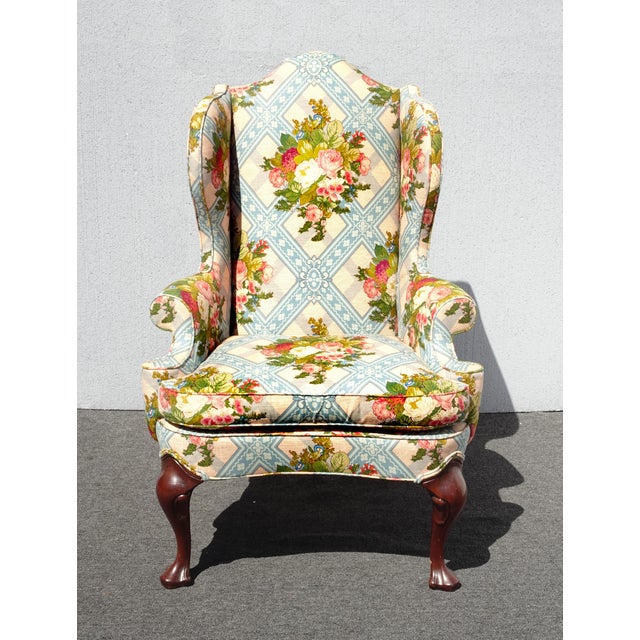 Mid-Century Modern Vintage Hickory French Country Blue Plaid Floral Wingback Chair by Hickory Furn. For Sale - Image 3 of 12
