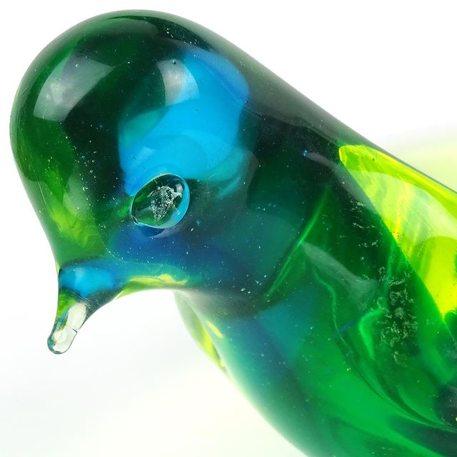 Cerulean Murano Vintage Sommerso Glowing Uranium Blue Yellow Green Italian Art Glass Bird Shaped Bowl For Sale - Image 8 of 11
