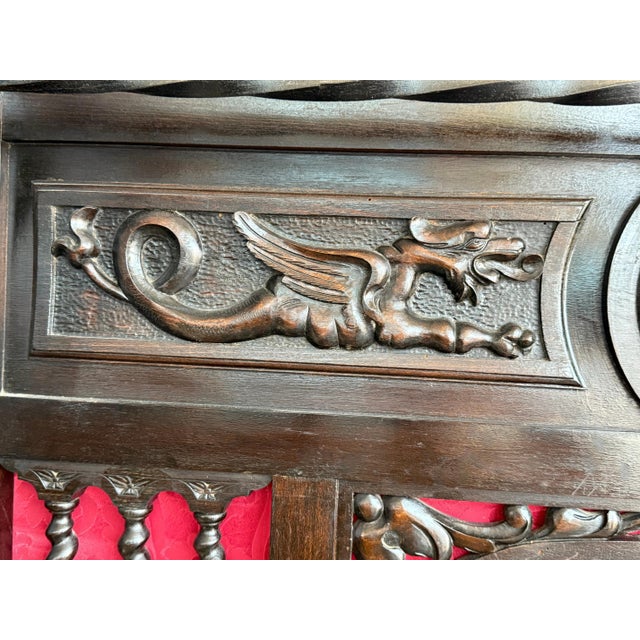 19th Large Carved Spanish Solid Walnut Coat Rack Stand with Red Damask Back For Sale - Image 13 of 18