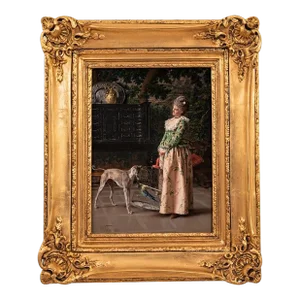 Francesco Vinea Antique Italian Oil on Panel Painting Costume Genre Dog & Beauty Franceso Vinea, 1873