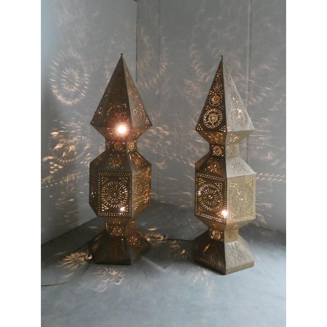 Large Moroccan Perforated Metal Tower Lamps, 1980s, Set of 2 For Sale - Image 16 of 17