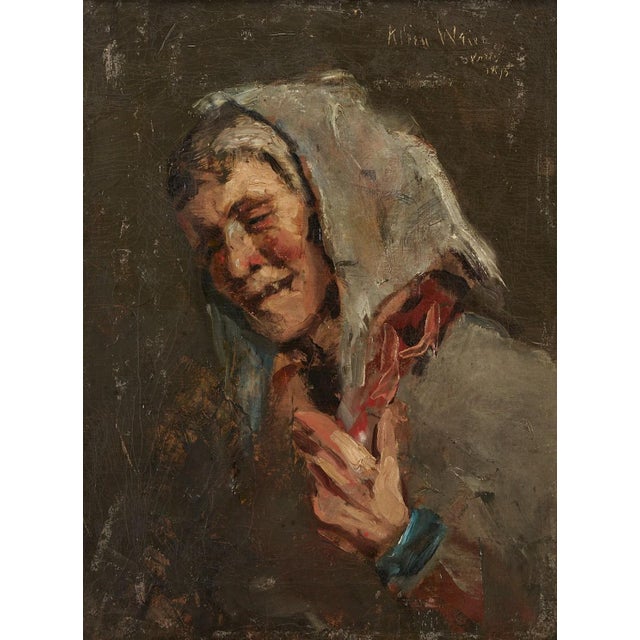 Julian Alden Weir (American, 1852-1919), "Head of Laughing Woman," oil on canvas painting depicting an older peasant...