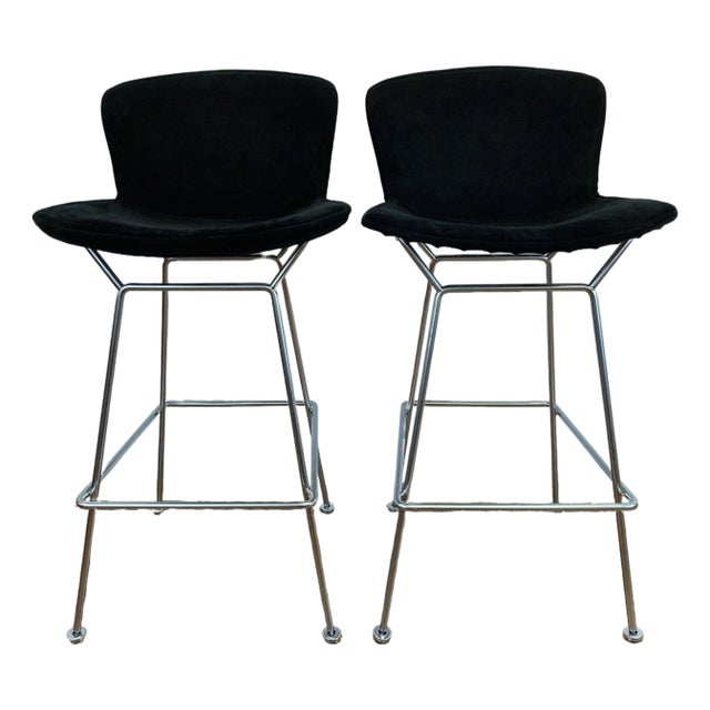 Vintage Harry Bertoia for Knoll Inc. Chrome Bar Stools Fully Upholstered - Set of Two For Sale