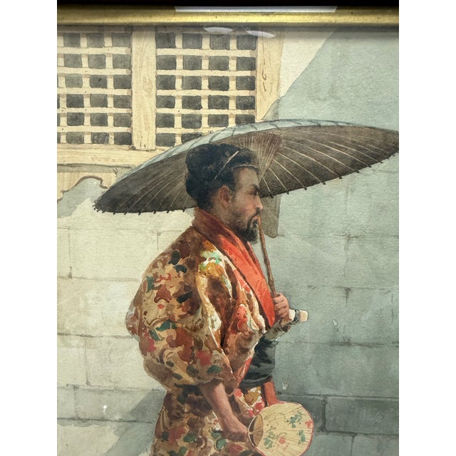 Japanese Antique Italian Japanese Watercolor "Study of a Man in Japanese Costume" by C. Merculiano. For Sale - Image 3 of 5