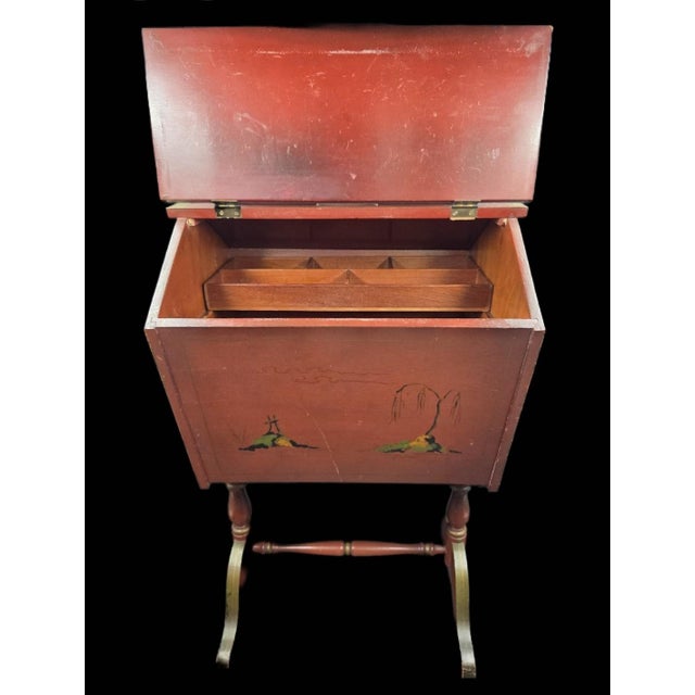 Mid 20th Century Vintage 20th Century English Style Red Japanned Hinged Two-Sided Flip-Open Sewing Cabinet For Sale - Image 5 of 18